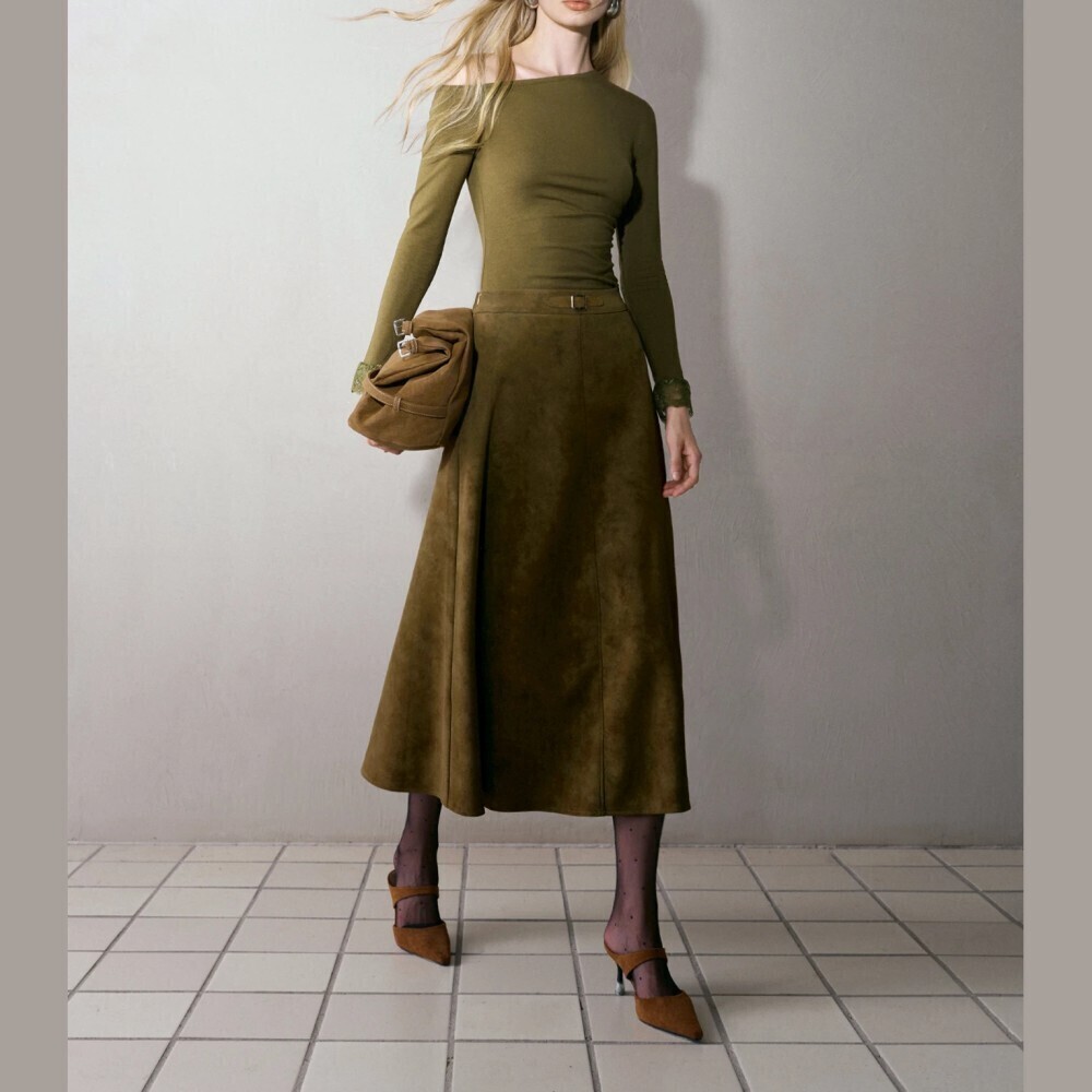 Olive Green Asymmetrical Neck Top with Lace Trim Cuffs - Picture 4 of 6